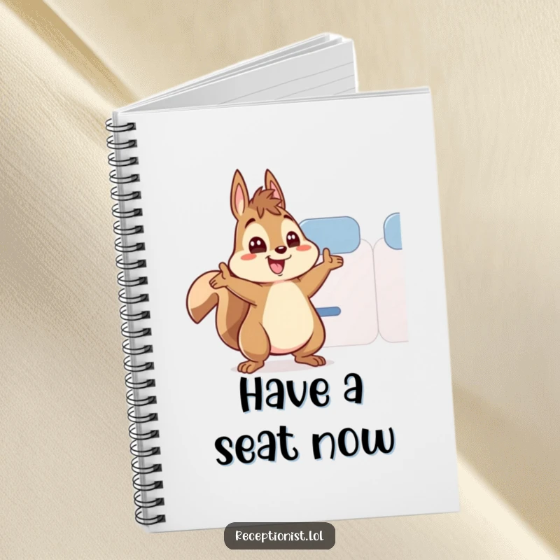 Funny squirrel notebook, a cheerful squirrel character waving to direct someone to a seat, making note-taking enjoyable.