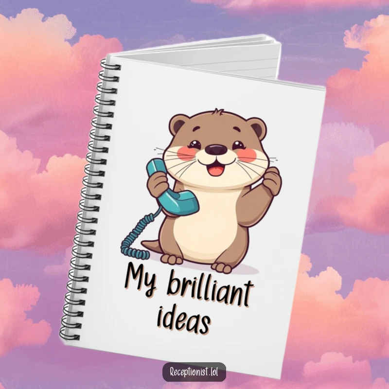 Funny Otter Notebook cover: a happy otter eagerly answers a ringing phone, symbolizing connection and note-taking.