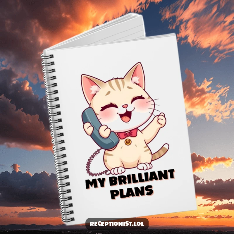 Funny giggling cat receptionist notebook, journal for notes and ideas featuring a cheerful, on-the-phone cat with a wink.