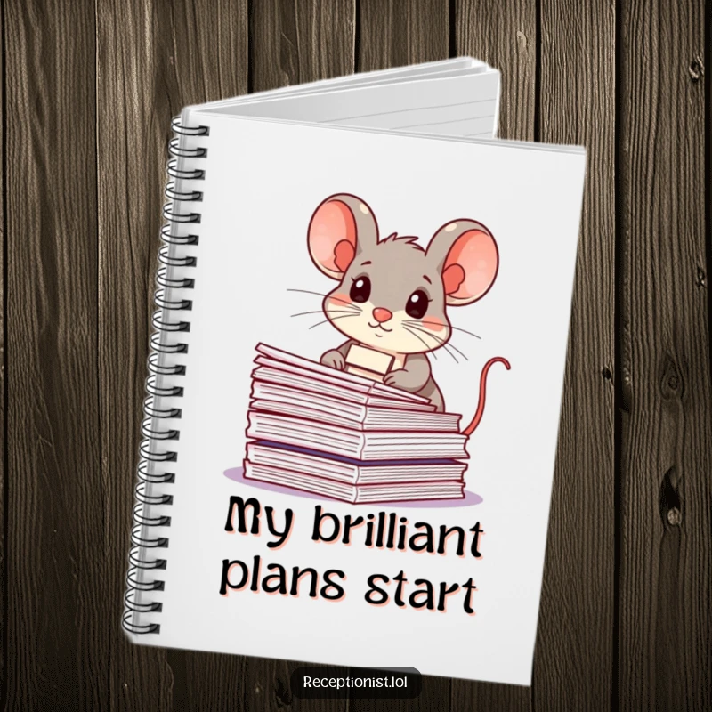 Funny mouse with a name tag, meticulously organizing papers, on a notebook cover, inspiring humorous productivity.