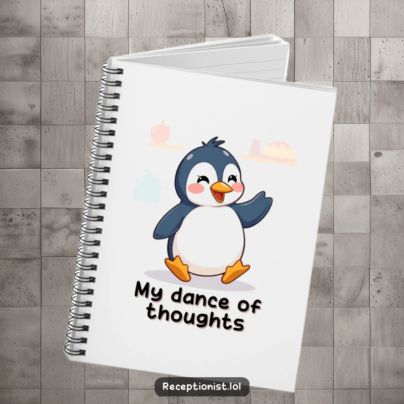 Funny penguin doing a greeting dance, on a notebook for jotting down creative ideas.