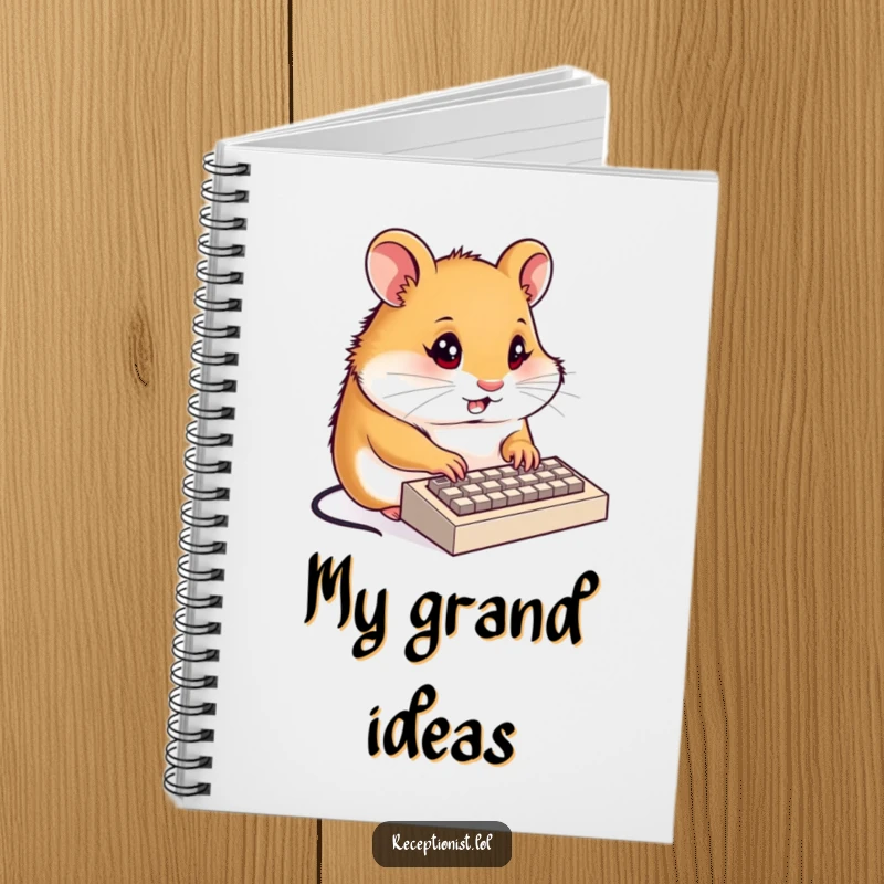 Funny hamster receptionist notebook, a determined hamster typing on a tiny keyboard with focused energy, perfect for writing, humorous stationery.