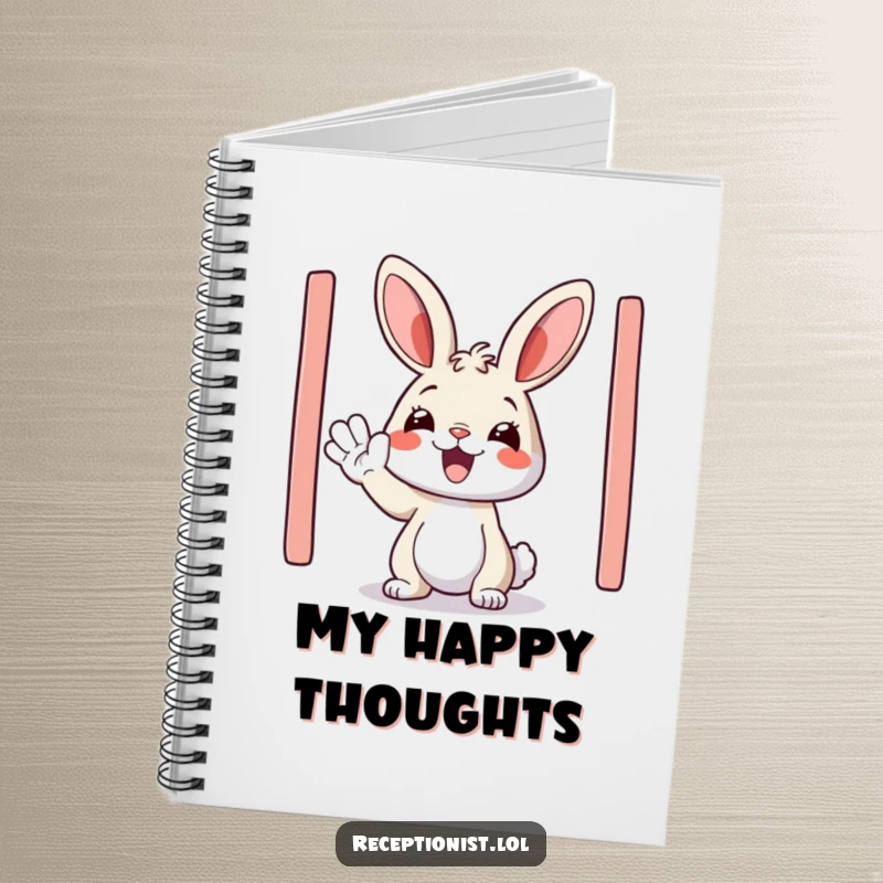 Funny notebook featuring a happy bunny enthusiastically waving hello, ideal for note-taking and creative ideas.