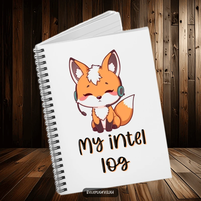 Funny curious fox wearing an earpiece and nodding thoughtfully, spiral-bound notebook, humorous journal for capturing insights.