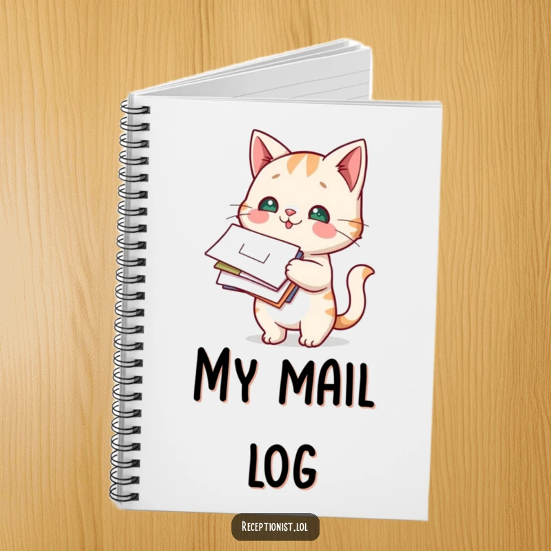 Funny Cat Mail Carrier Notebook cover: a curious cat holds a stack of mail, symbolizing organization and playfulness.