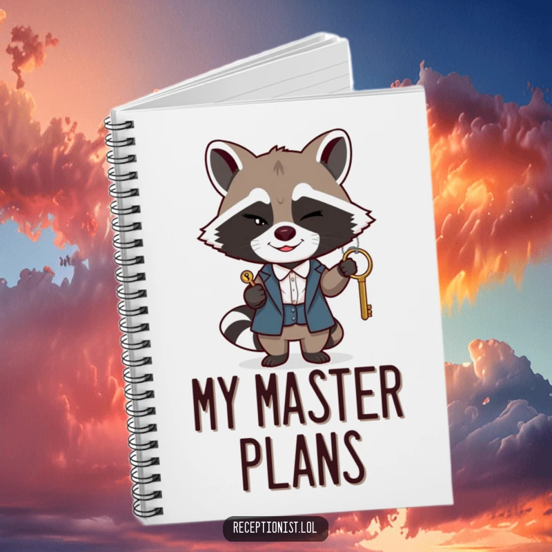 Funny raccoon receptionist notebook, a winking raccoon passing a key with a sly smile, perfect for writing, humorous stationery.
