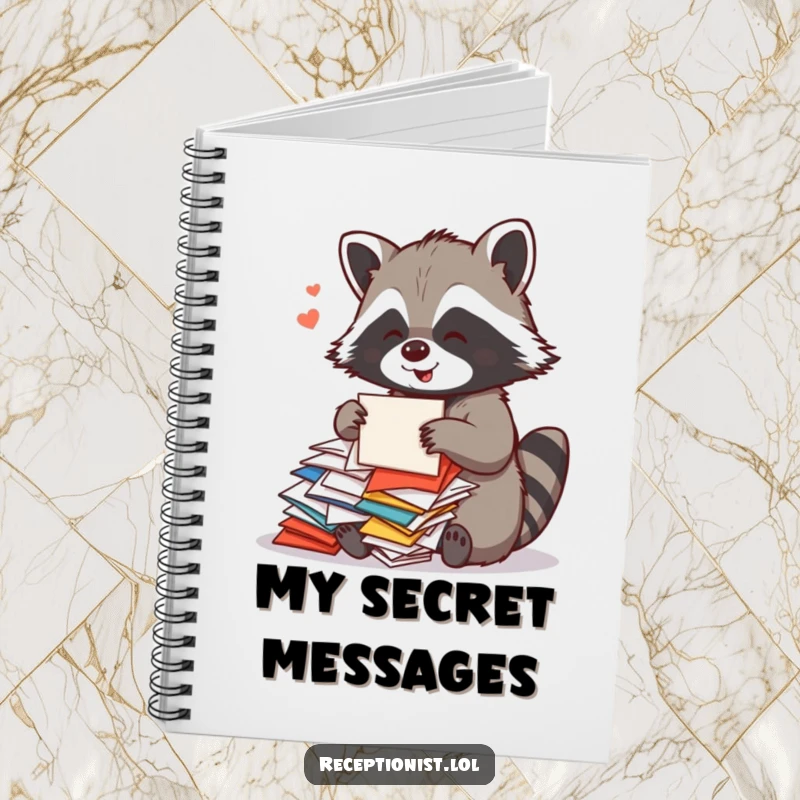 Funny Raccoon Mail Log Notebook featuring a playful raccoon sorting colorful mail with a cheerful hum, perfect for humorous organization.