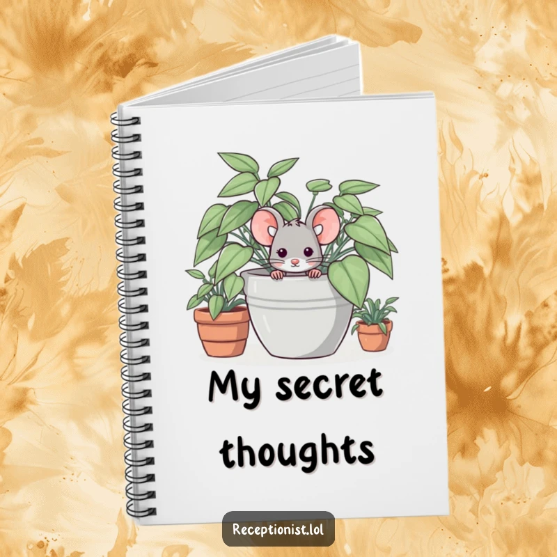 Funny notebook with a shy mouse character hiding behind a plant, designed for capturing gentle thoughts and ideas.