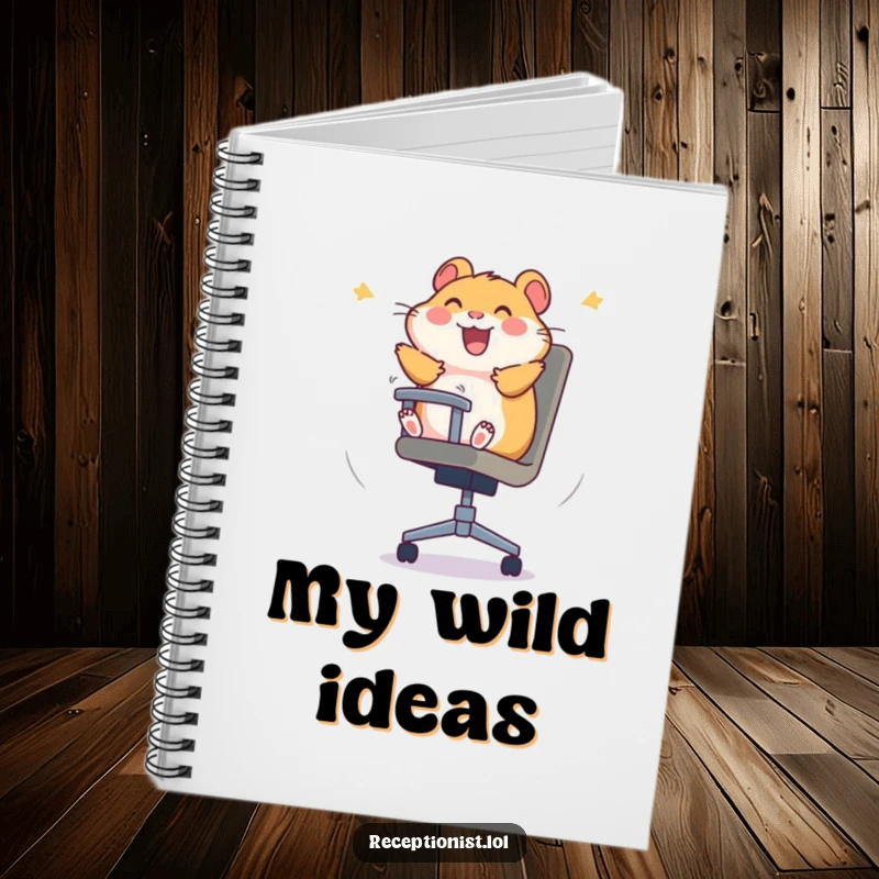Funny hamster notebook with a giggling hamster spinning in an office chair, encouraging joyful note-taking.