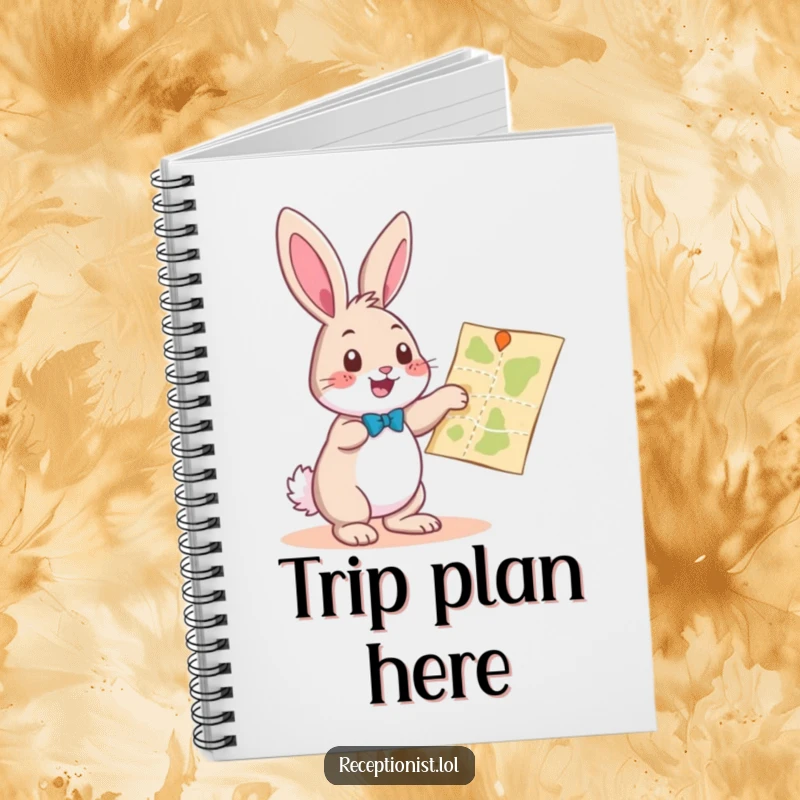 Funny playful bunny pointing towards a map with a helpful gesture, spiral-bound notebook, humorous journal for travel plans.