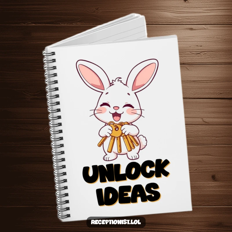 Funny bunny notebook cover with a joyful character politely offering keys with a nod and a wink, perfect for documenting lucky ideas.