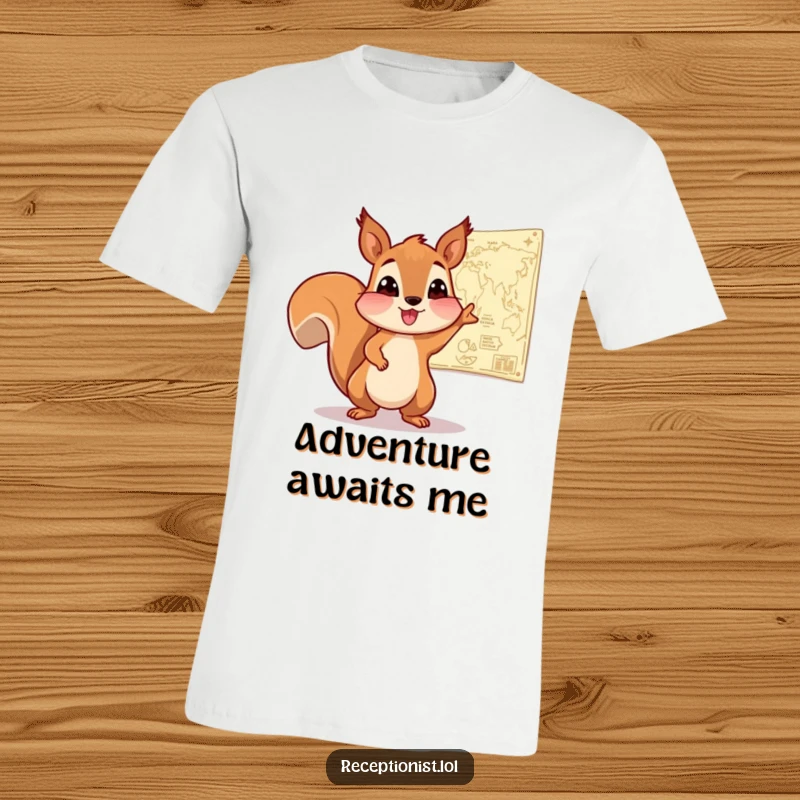 Funny Squirrel Navigator T-Shirt featuring an enthusiastic squirrel pointing to a map on the wall, ideal for travel humor and adventure seekers.