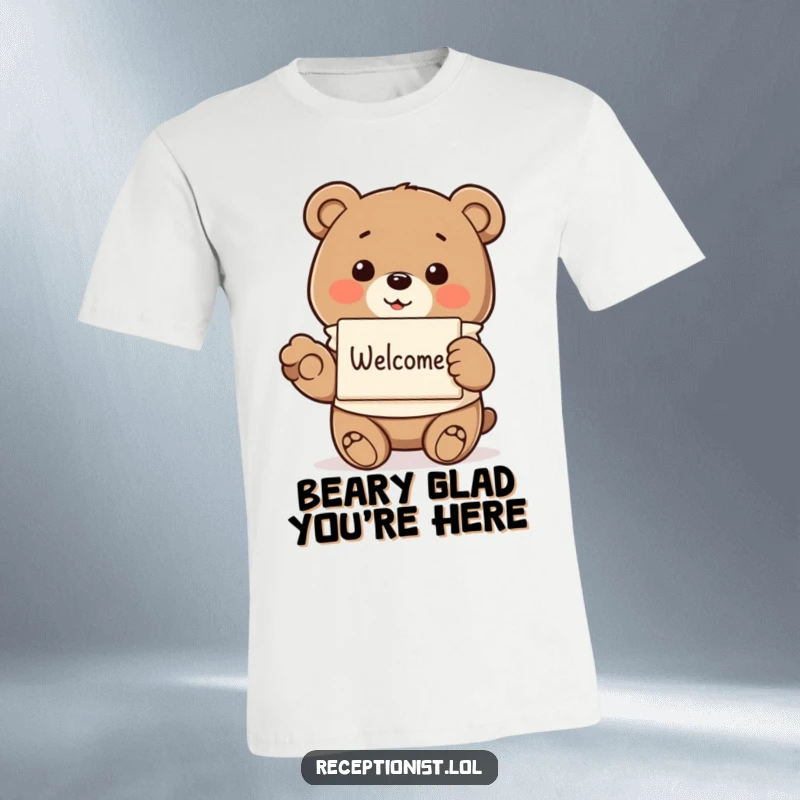 Smiling bear in a smock, offering a pamphlet with a paw, printed on a t-shirt, capturing a humorous and hospitable presence.