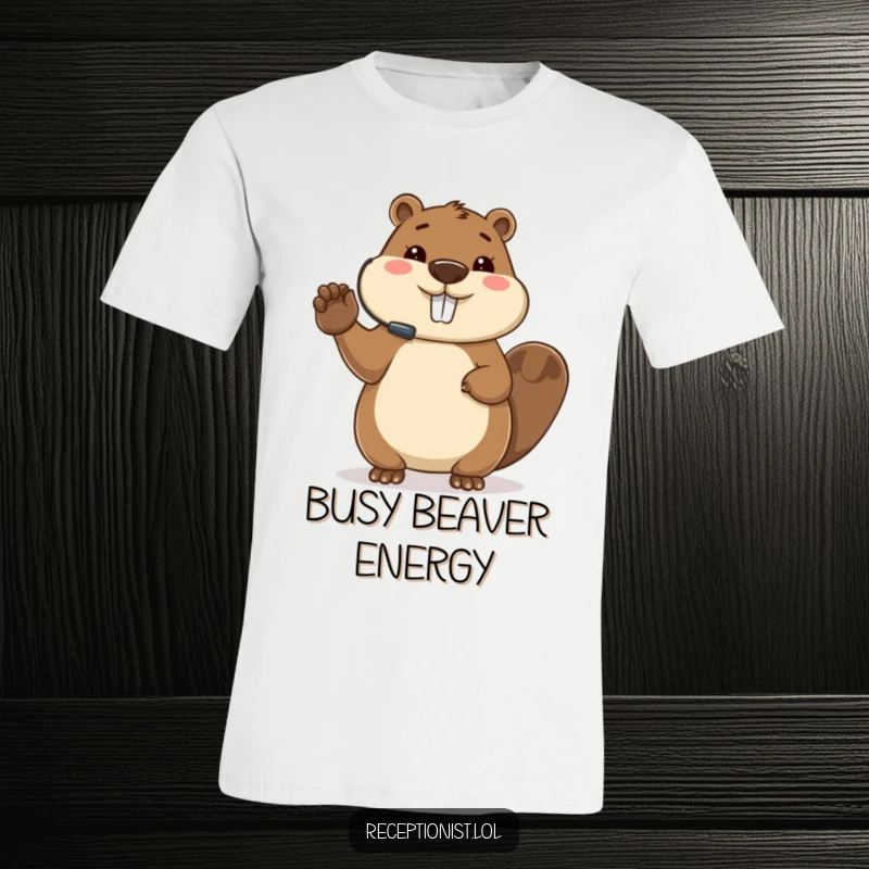 Funny beaver t-shirt, wearing headset, directing with paw, busy host design, ideal for event coordinators.