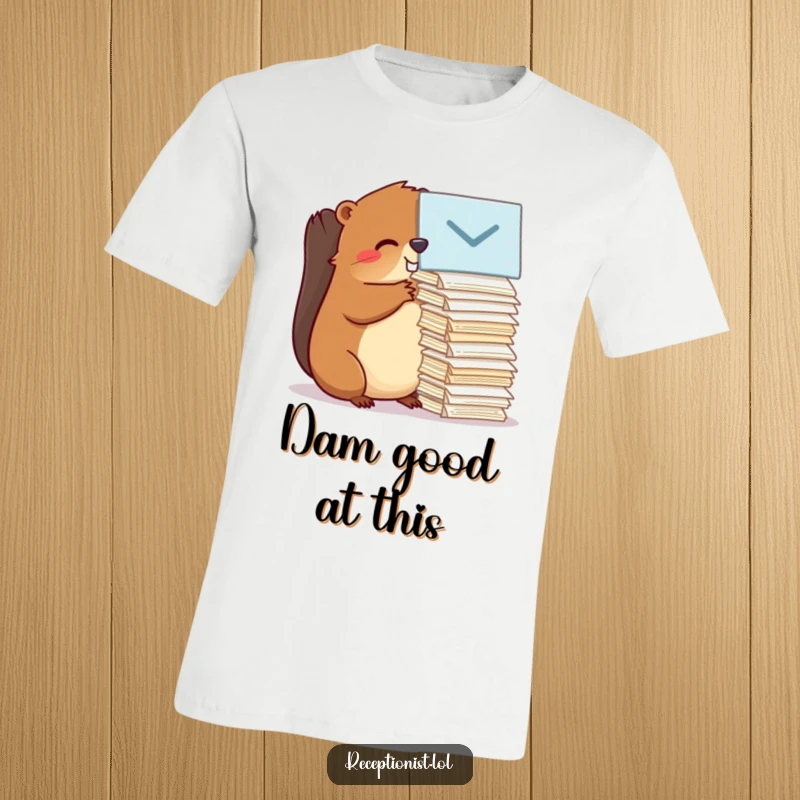 Funny beaver wearing a determined expression, expertly organizing a pile of papers with speed and precision on a T-shirt.