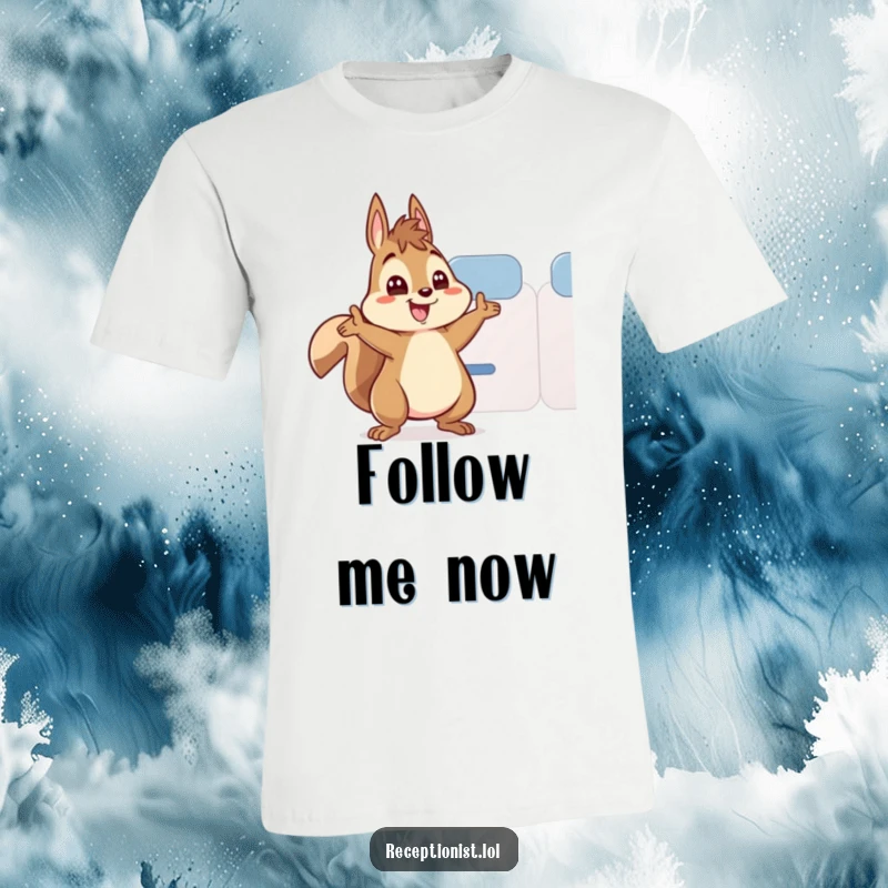 Funny squirrel t-shirt, energetic character enthusiastically waving and directing someone to a seat, embodying a helpful and cheerful host.