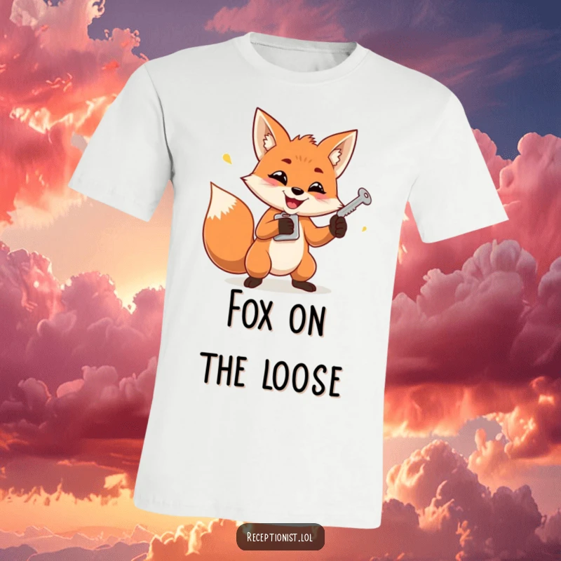 Funny t-shirt of a determined fox with a mischievous grin juggling keys, ideal for clever and witty individuals.