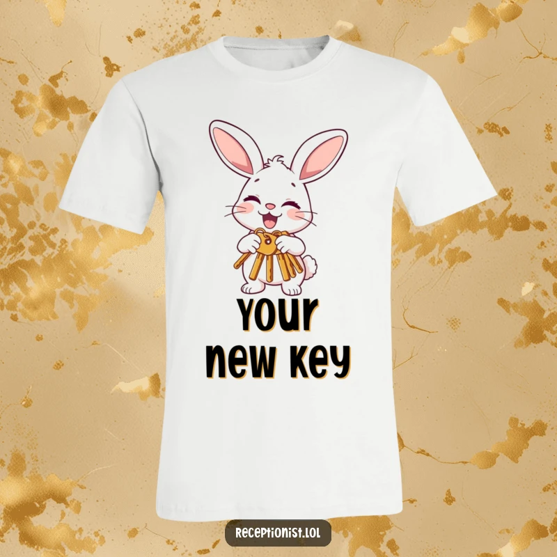 Funny bunny t-shirt showcasing a joyful character politely offering keys with a nod and a wink, perfect for spreading luck and humor.