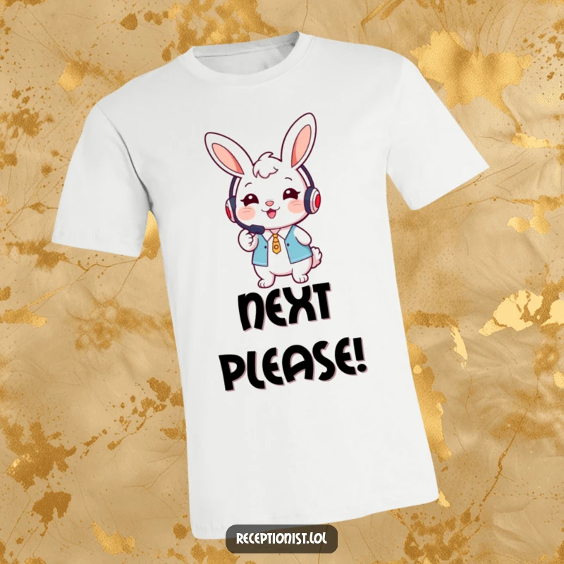 Funny cute bunny receptionist wearing a headset, smiling warmly and pointing forward on a t-shirt.