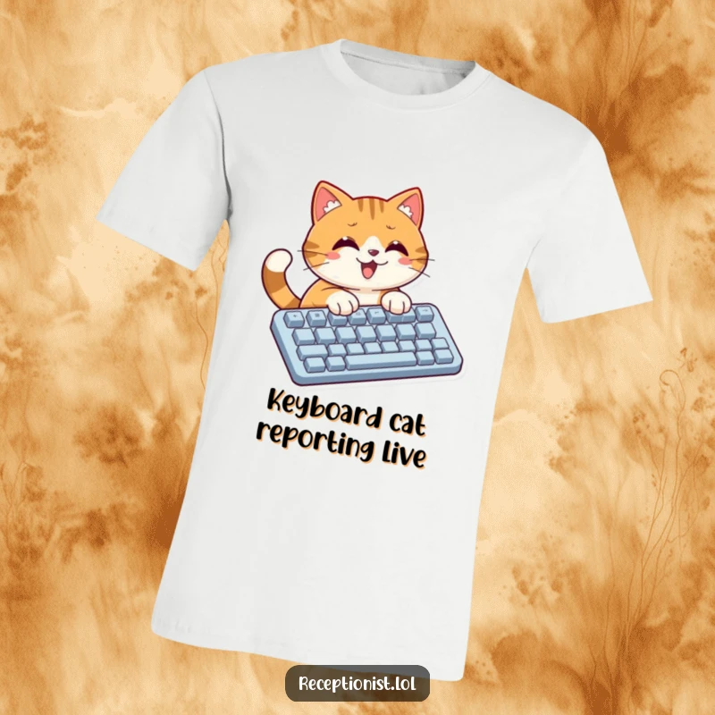 Funny cat intensely typing on an oversized keyboard, designed for techies and cat lovers as a humorous gift.