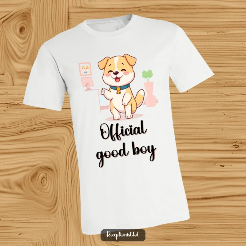 Funny dog receptionist t-shirt, a happy dog wagging its tail and giving a comforting pat, cute and humorous apparel.