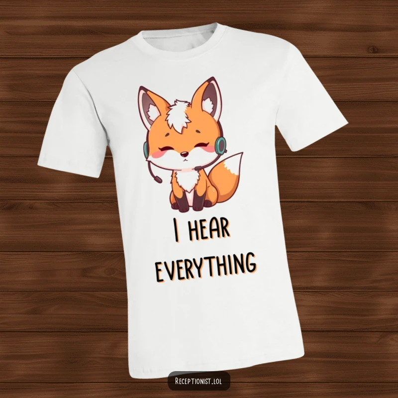 Funny curious fox wearing an earpiece and nodding thoughtfully, humorous t-shirt design for inquisitive people, symbol of intelligence and listening.