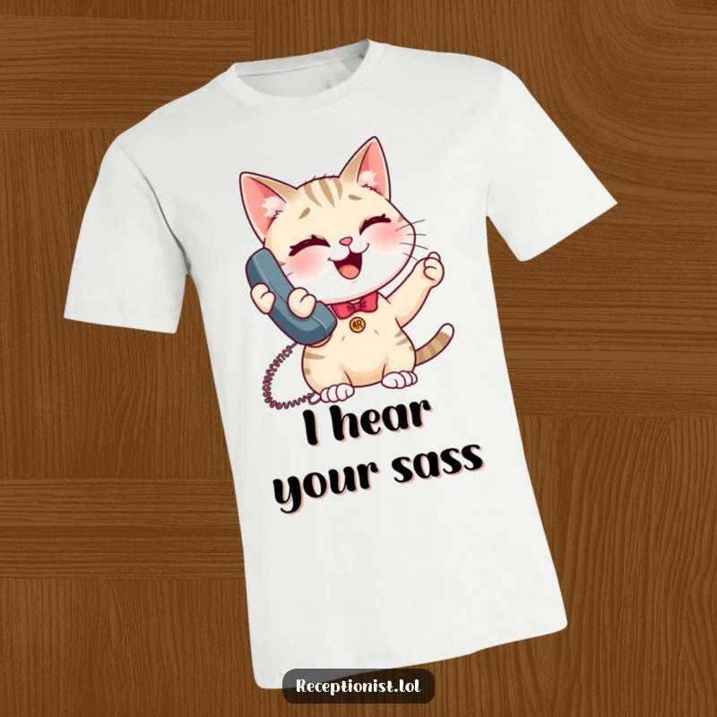 Funny giggling cat receptionist t-shirt, anthropomorphic feline in office attire, on the phone, winking, radiating happiness.