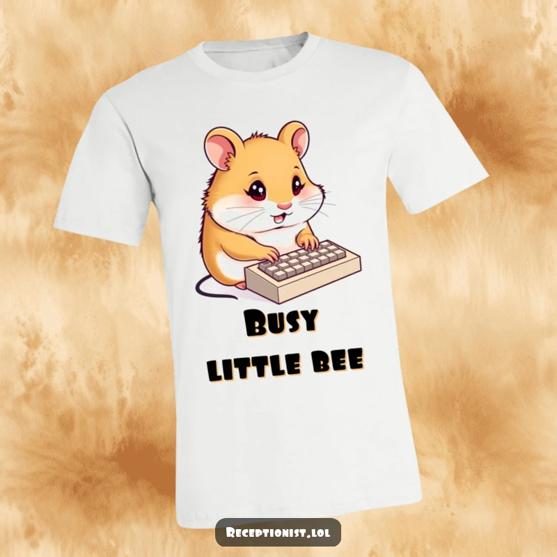 Funny hamster receptionist t-shirt, a determined hamster typing on a tiny keyboard with focused energy, industrious and humorous apparel.