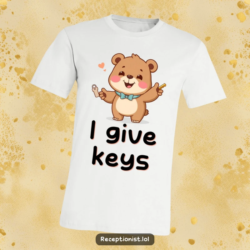 Funny T-Shirt featuring a jovial bear handing out room keys with a welcoming smile, humorous apparel for hospitality.