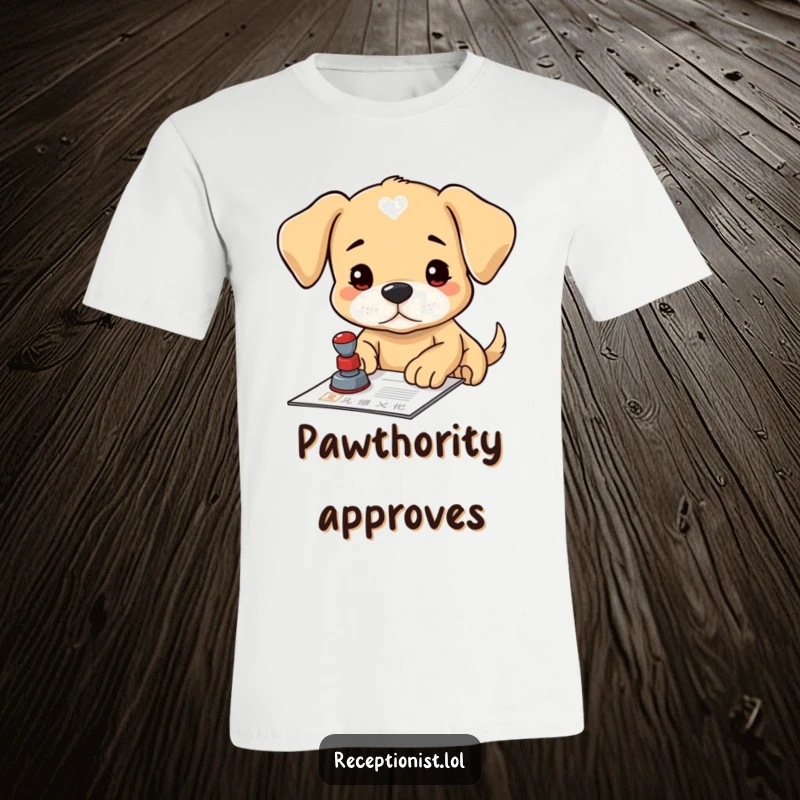 Funny puppy official t-shirt, stamping a document with focus, adorable and determined, perfect for everyday wear.