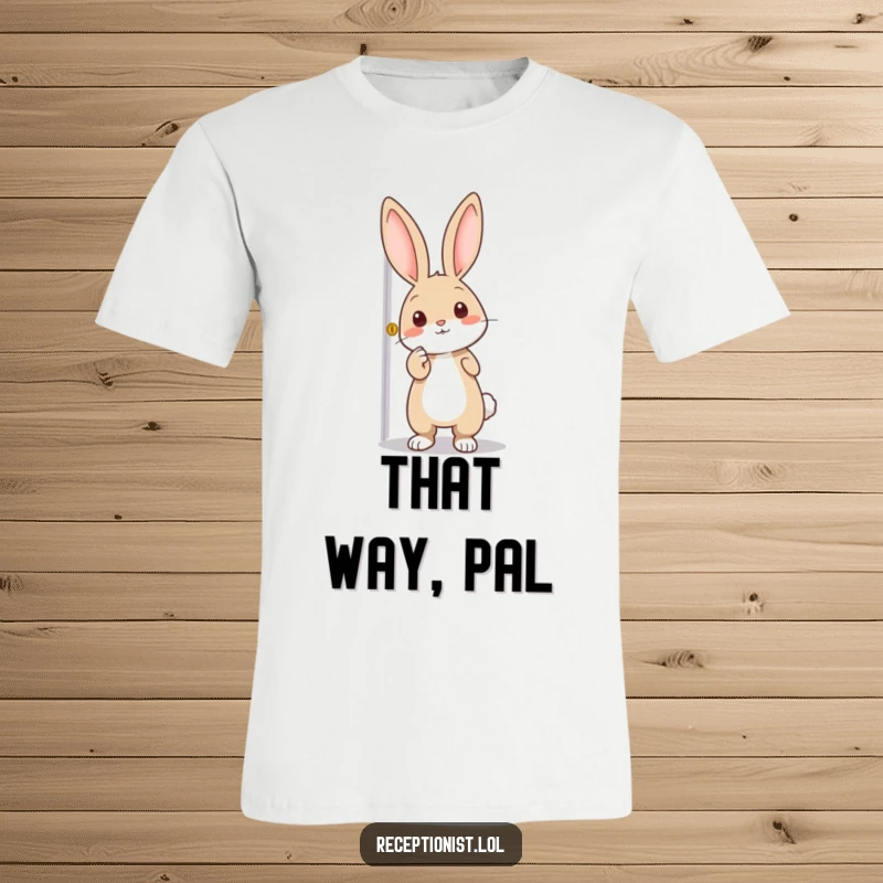 Funny t-shirt showing a curious rabbit excitedly pointing towards a door, promoting a sense of adventure and discovery.
