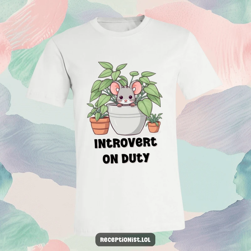 Funny t-shirt featuring a bashful mouse character hiding behind a large potted plant, embodying shyness and sweetness.