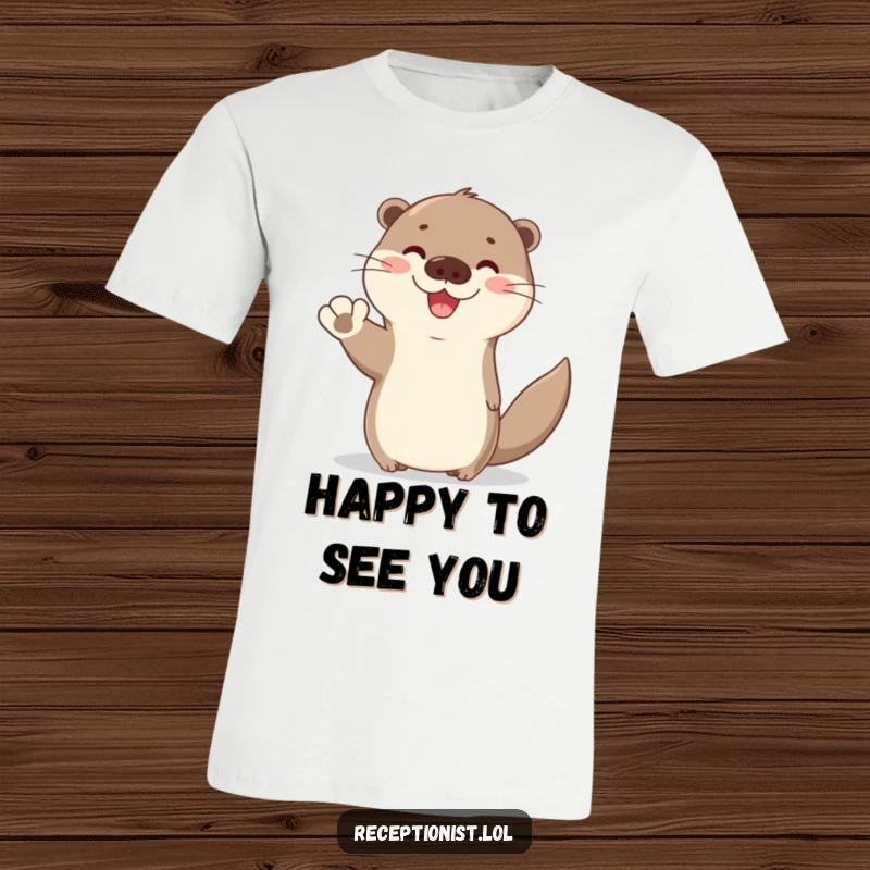 Funny Otter Greeting T-Shirt showing a cute otter waving hello with a bright, friendly expression, ideal for cheerful casual wear.