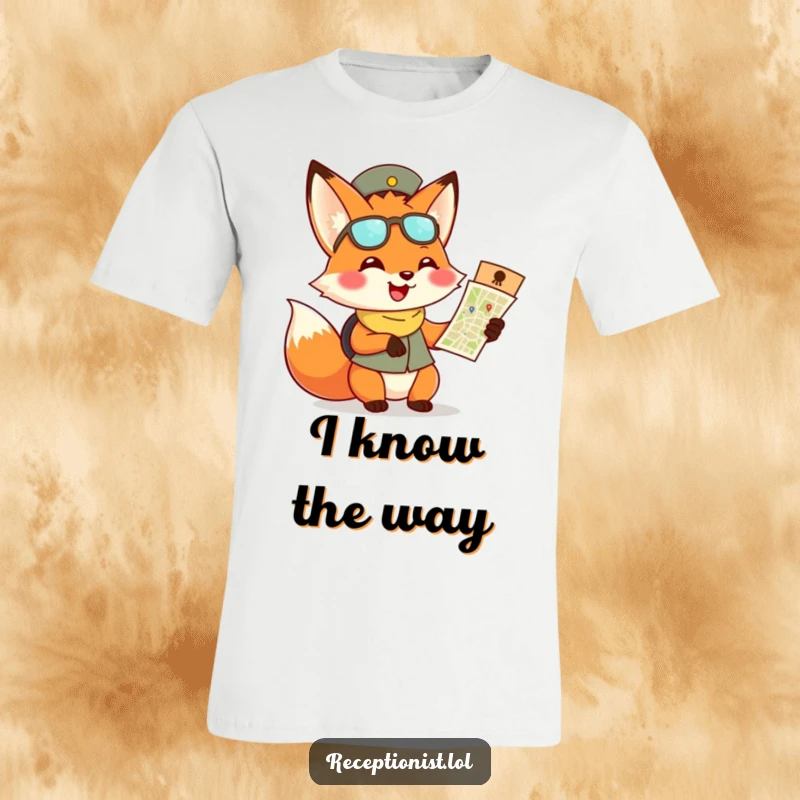 Funny fox receptionist t-shirt, depicting a grinning fox offering a map, ready for any journey.
