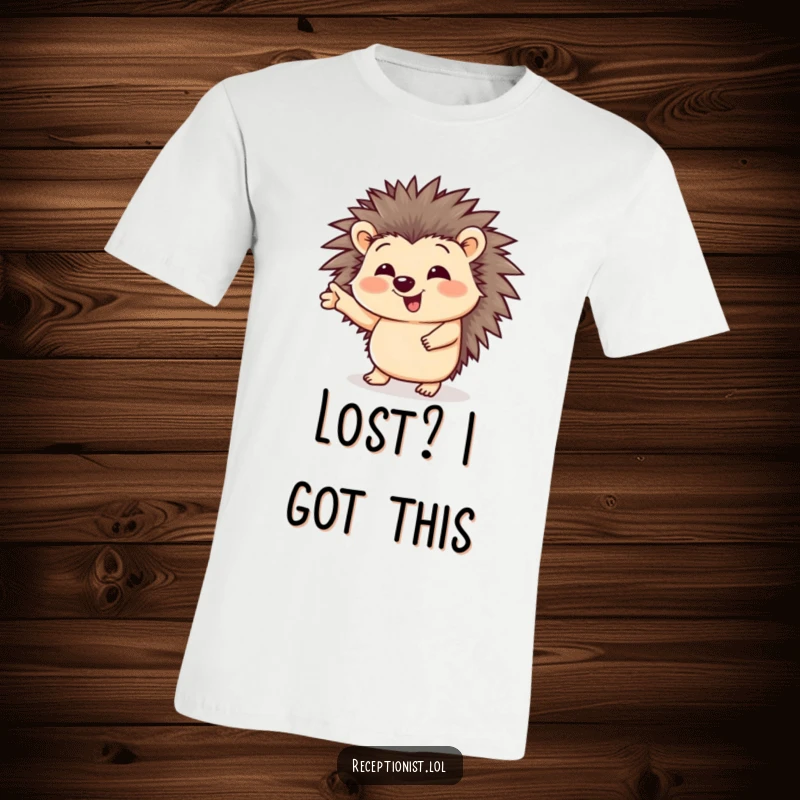 Funny t-shirt featuring a happy, giggling hedgehog character gesturing to welcome and guide someone, perfect for animal lovers.