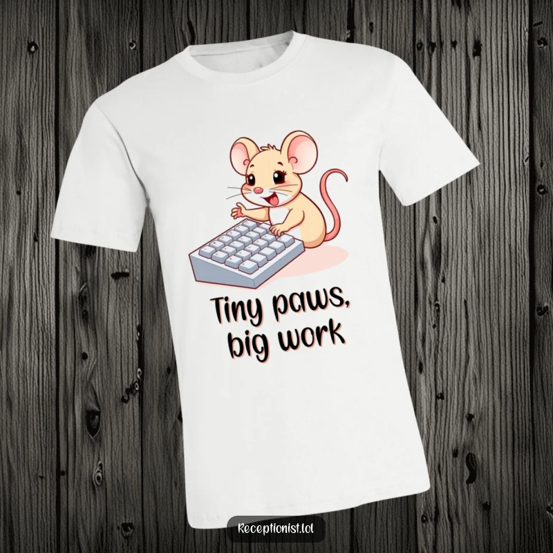 Funny t-shirt showing a cheerful mouse enthusiastically pressing large computer keyboard buttons with tiny paws, perfect for tech lovers.