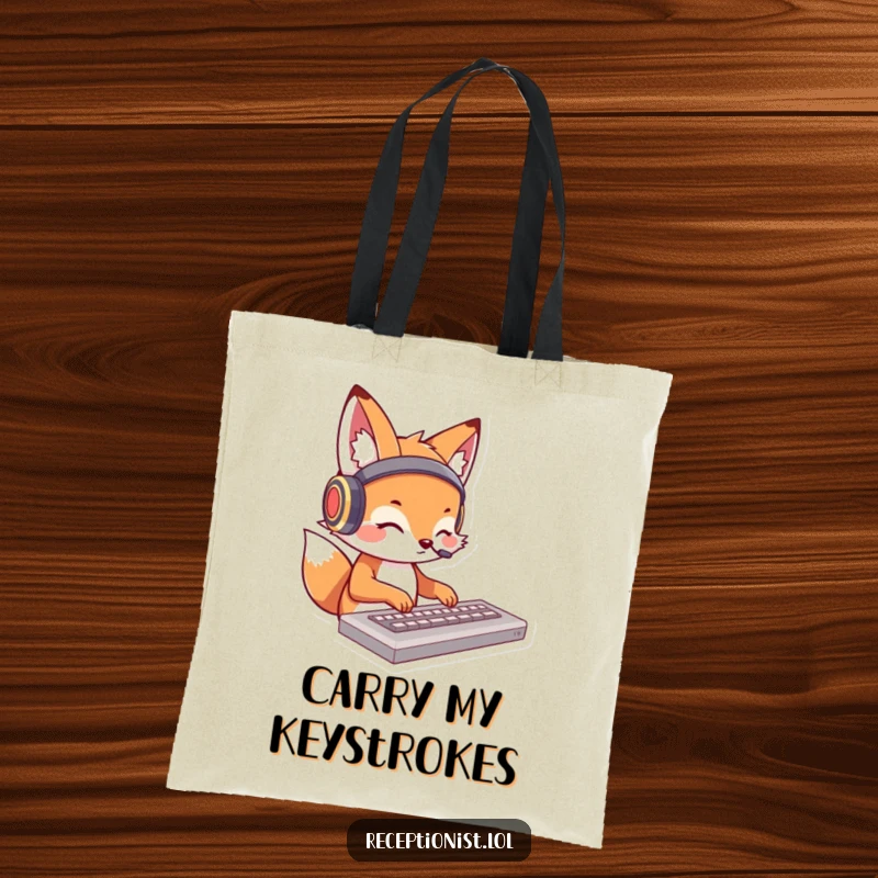 Funny fox tote bag featuring a cartoon fox wearing headphones, typing rapidly on a keyboard; a humorous accessory for tech lovers.