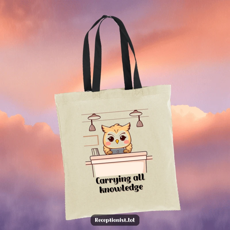 Funny owl receptionist tote bag, durable and stylish, featuring a knowledgeable bird ready to assist.