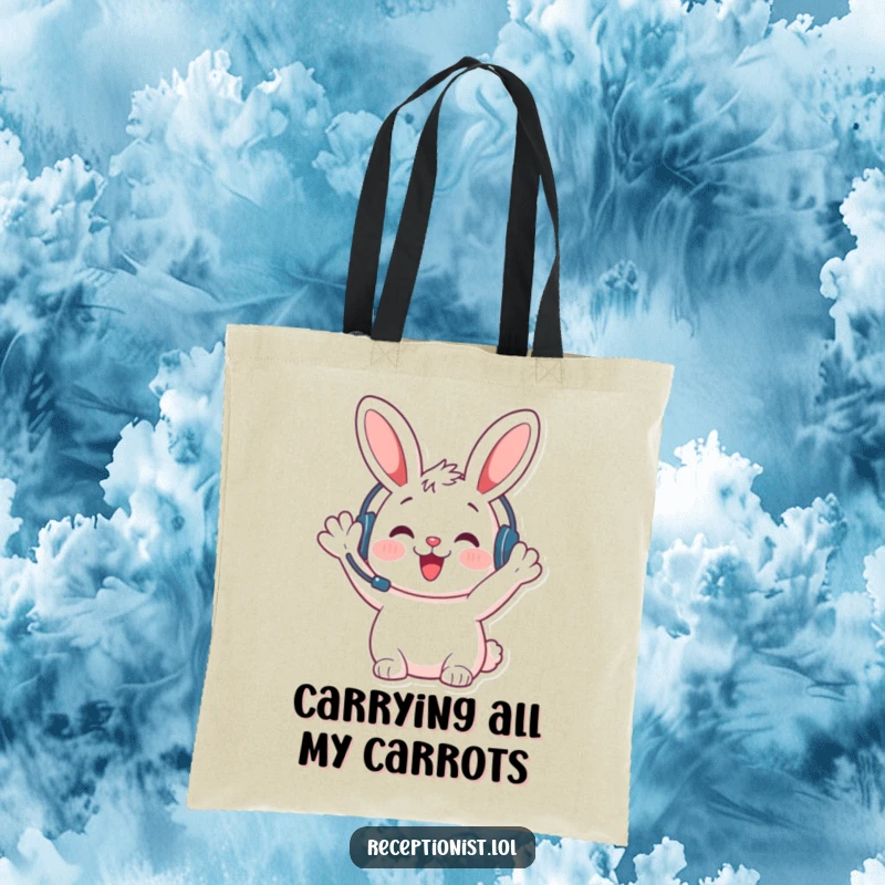 Funny bunny welcome tote bag, wearing a headset and waving hello, perfect for carrying essentials with a cheerful attitude.