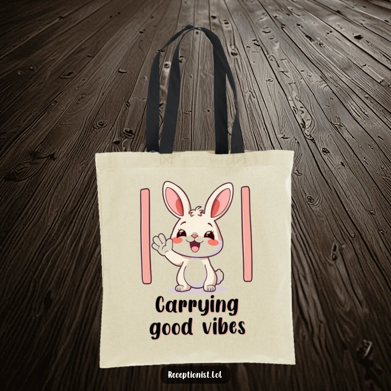 Funny tote bag with a happy bunny enthusiastically waving guests in, perfect for everyday use and spreading joy.