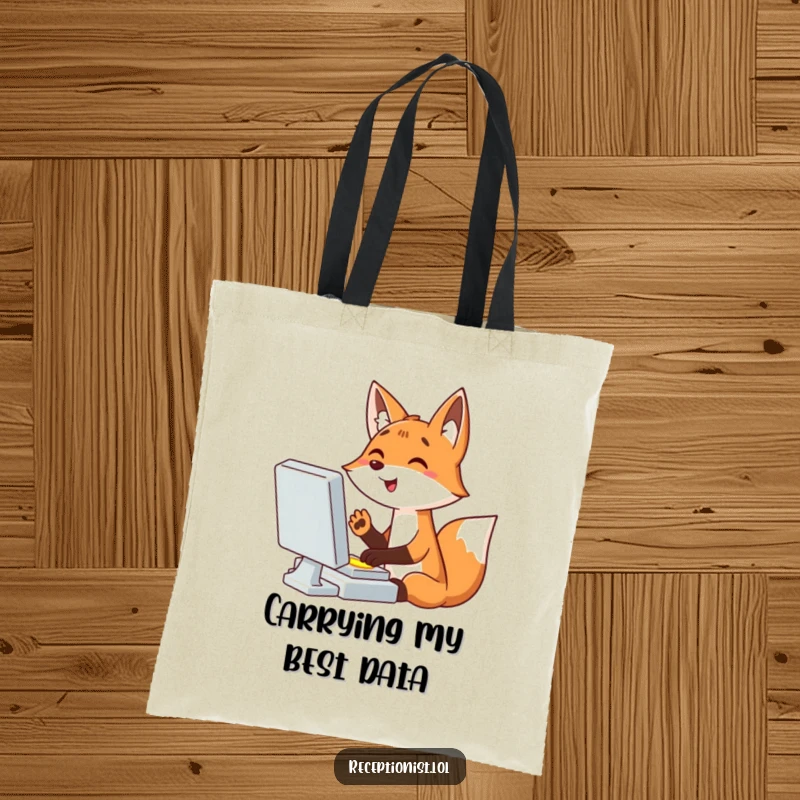Funny giggling cartoon fox typing at a computer, paw ready to click a button, stylish tote bag for tech enthusiasts, humorous accessory.