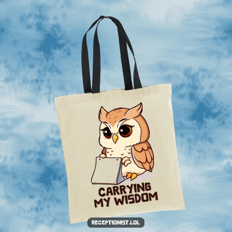 Funny Tote Bag showing a wise owl peering intently at a notepad with a serene expression, humorous and practical for thinkers.