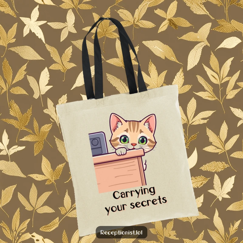 Funny cat tote bag with a curious kitten peeking over a desk's edge, a stylish and humorous accessory for everyday use.