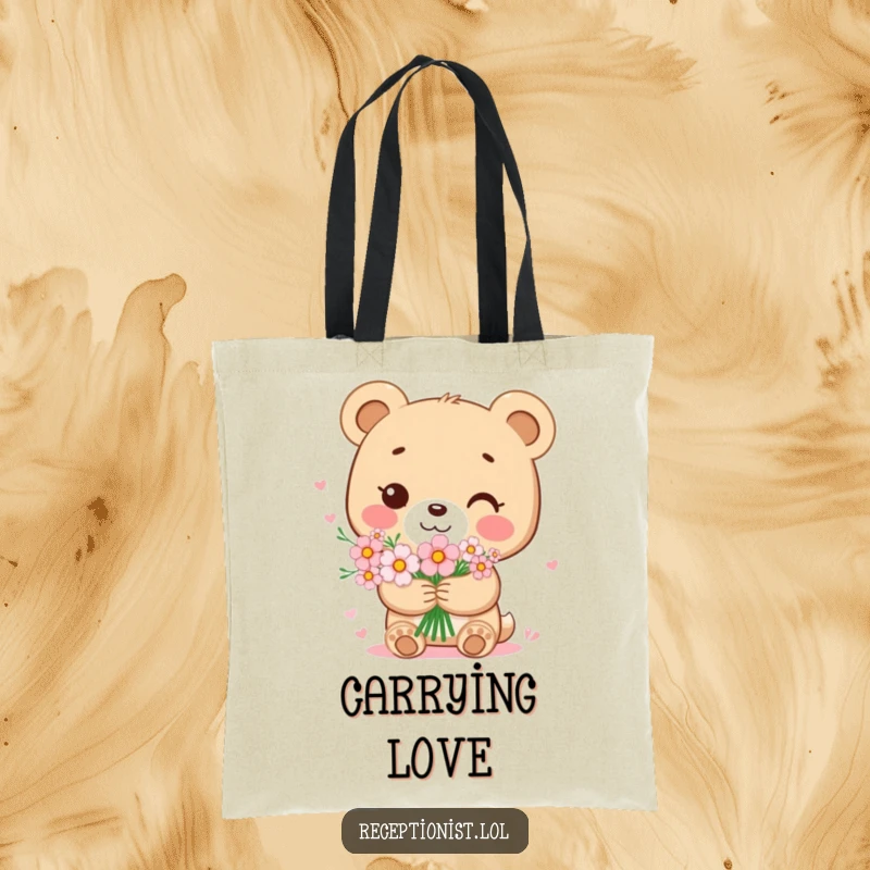 Funny bear cub tote bag depicting a sweet character holding a bouquet of flowers with a gentle smile, a humorous accessory for carrying love.