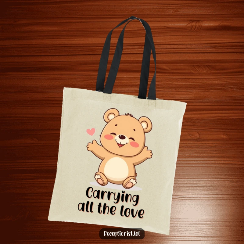Funny Tote Bag with a happy bear cub, arms wide open in a giggling welcome, ready to carry your goodies with cheer.