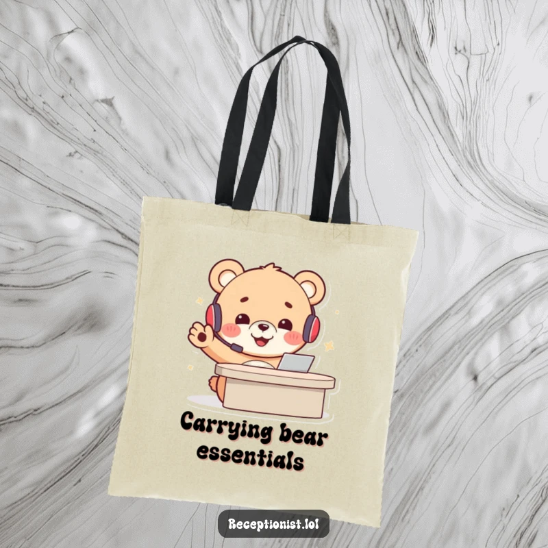 Funny bear receptionist tote bag with a cheerful cartoon bear cub in a headset, gesturing welcomingly, a humorous accessory.