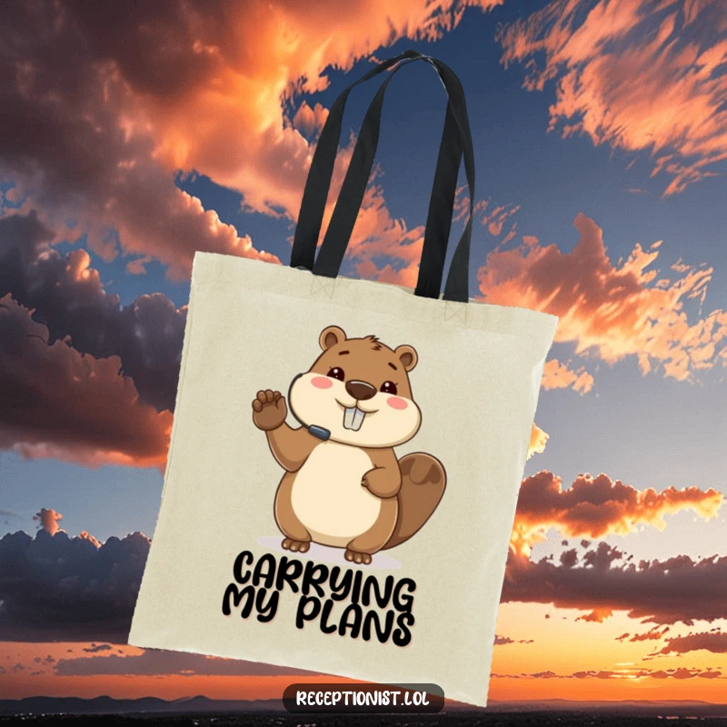 Funny beaver tote bag, directing guests with paw, event planner theme, stylish and functional, perfect for organizers.