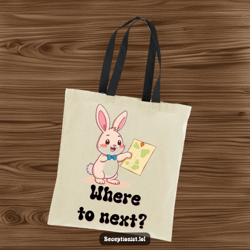 Funny playful bunny pointing towards a map with a helpful gesture, durable tote bag, humorous accessory for travelers.