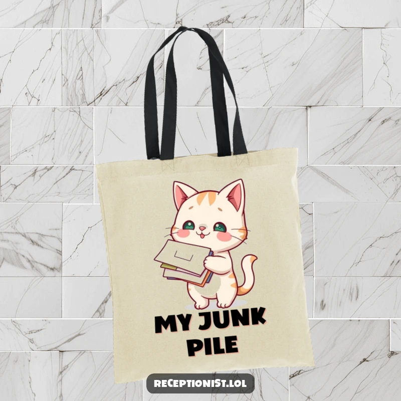 Funny Cat Mail Carrier Tote Bag showing a playful cat with a curious look holding a stack of envelopes and parcels.