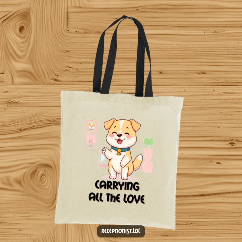 Funny dog receptionist tote bag, a happy dog wagging its tail, offering a comforting pat, practical and humorous accessory.